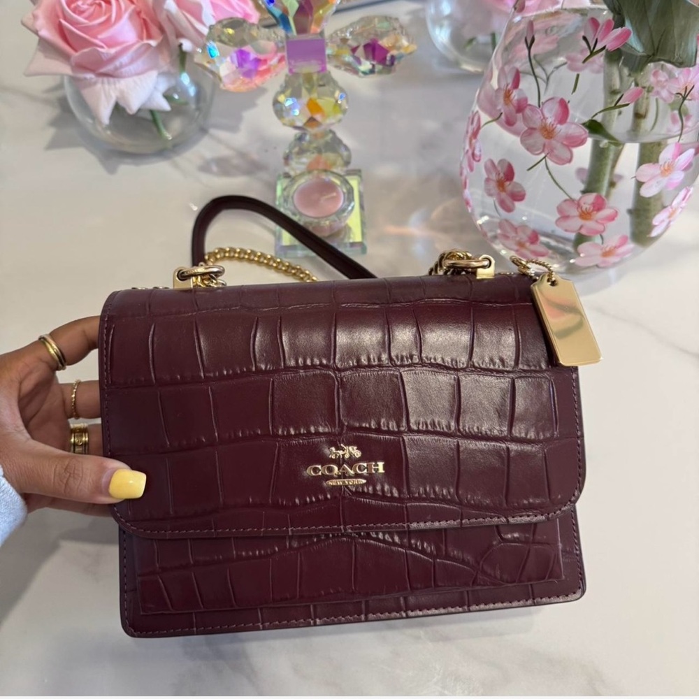 Coach Klare Merlot Crocodile Print Crossbody Bag with Gold Hardware